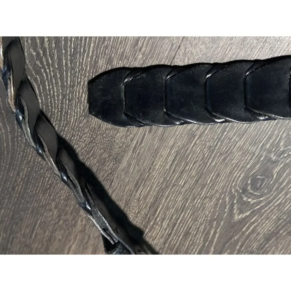 Structure Y2K Black Leather Chain Braided Leather Belt Solid Brass Buckle SZ 38